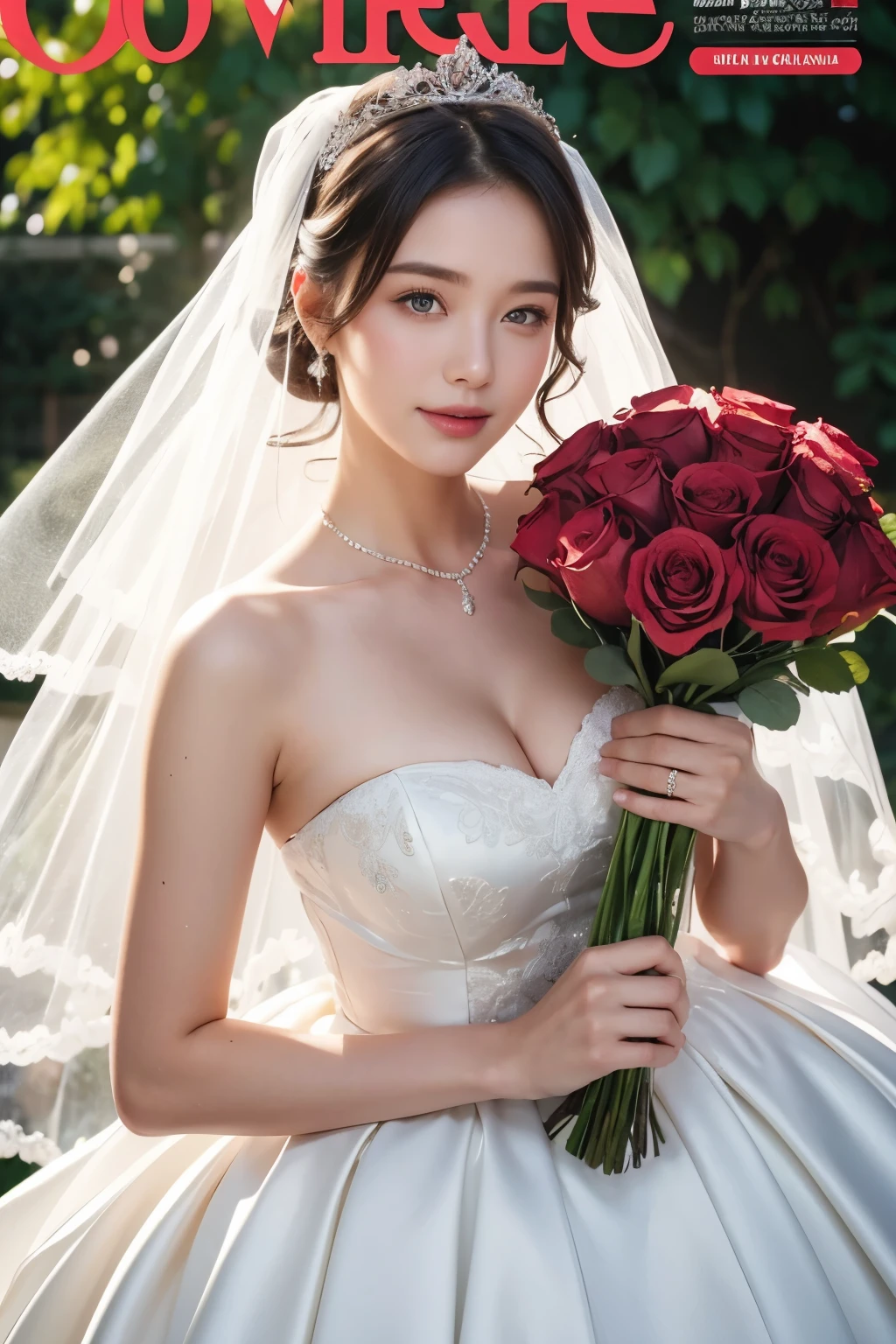 Beautiful woman holding a bouquet of roses, wearing a wedding dress,  magazine pose,
