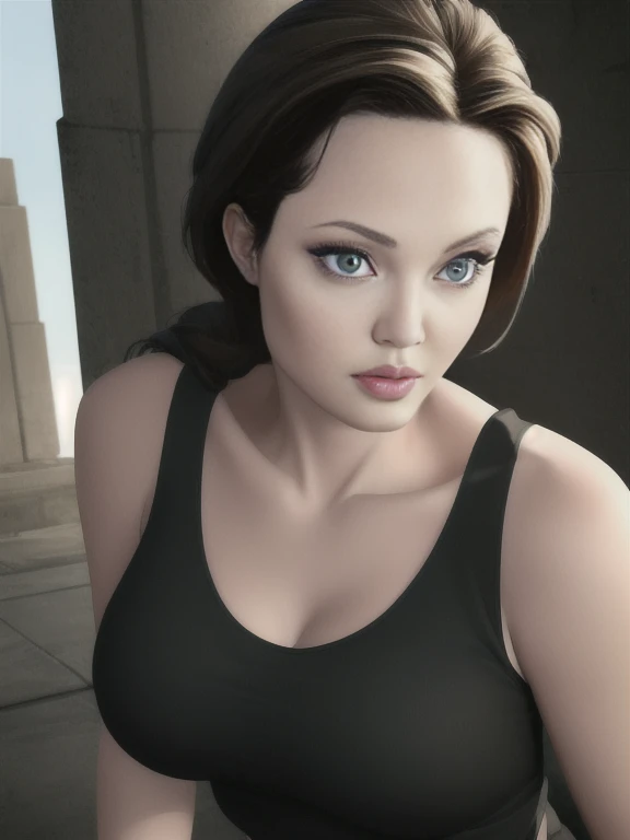 (masterpiece:1.2), (best quality,:1.2), 8k, HDR, ultra detailed, ((photorealistic)), professional light, cinematic lighting, sexy photography, ambient lighting, atmospheric effects, angl, Angelina Jolie as a Lara Croft, upper body shot, wearing tank top, magical temple, epiCPhoto