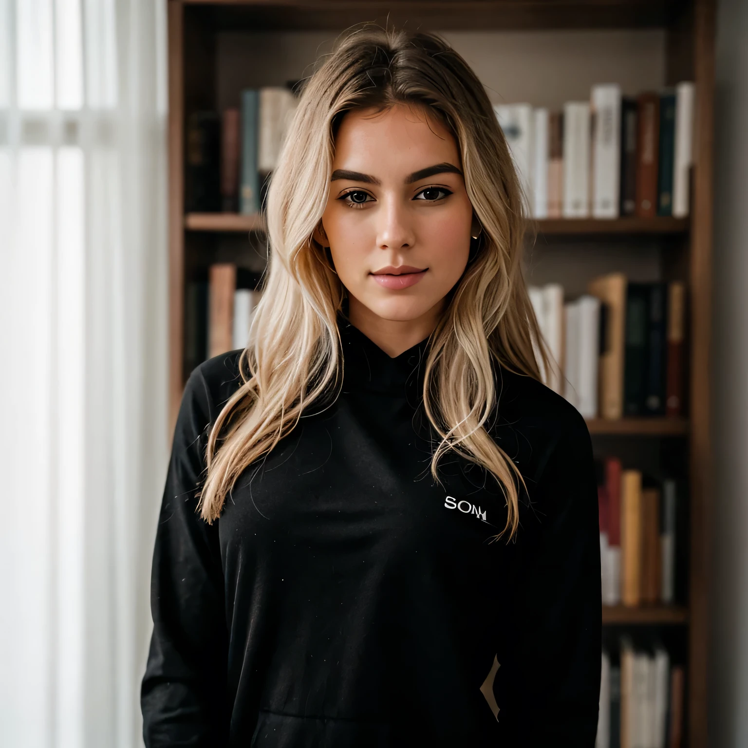 1fille, female, wife, de 26 ans debout dans un café confortable, Tout le corps, porter un simple t-shirt blanc. blond, french twist hairstyle, shallow depth of field, Ultra high detail, ultra HD, Portra 800, big breast