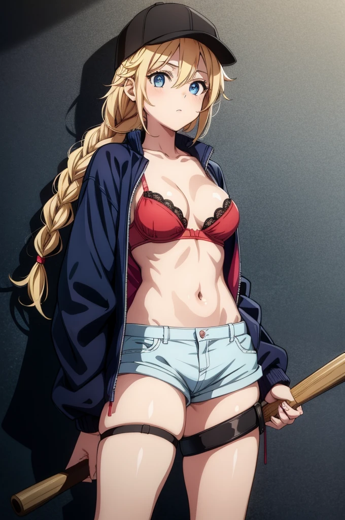 a female character wearing bra and panties holding a baseball bat the picture has been colorized, 1girl, underwear, shorts, bra, solo, hat, breasts, open clothes, twin braids, blonde hair, red bra, blue eyes, braid, baseball cap, long hair, holding, black headwear, shirt, jacket, open jacket, white shirt, short shorts, open shirt, medium breasts, looking at viewer, cleavage, thigh strap, long sleeves, red shorts