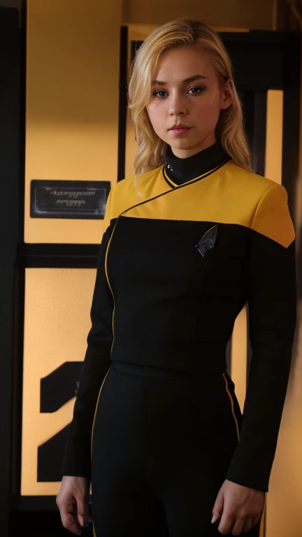 Masterpiece, Best Quality, High Resolution, 1girl, Super High Resolution, Solo, (wearing pcdst black and yellow uniform,black long sleeves,black pants,black chest,yellow shoulders,badge:1.2), Blond Hair, Perfect Face, 
