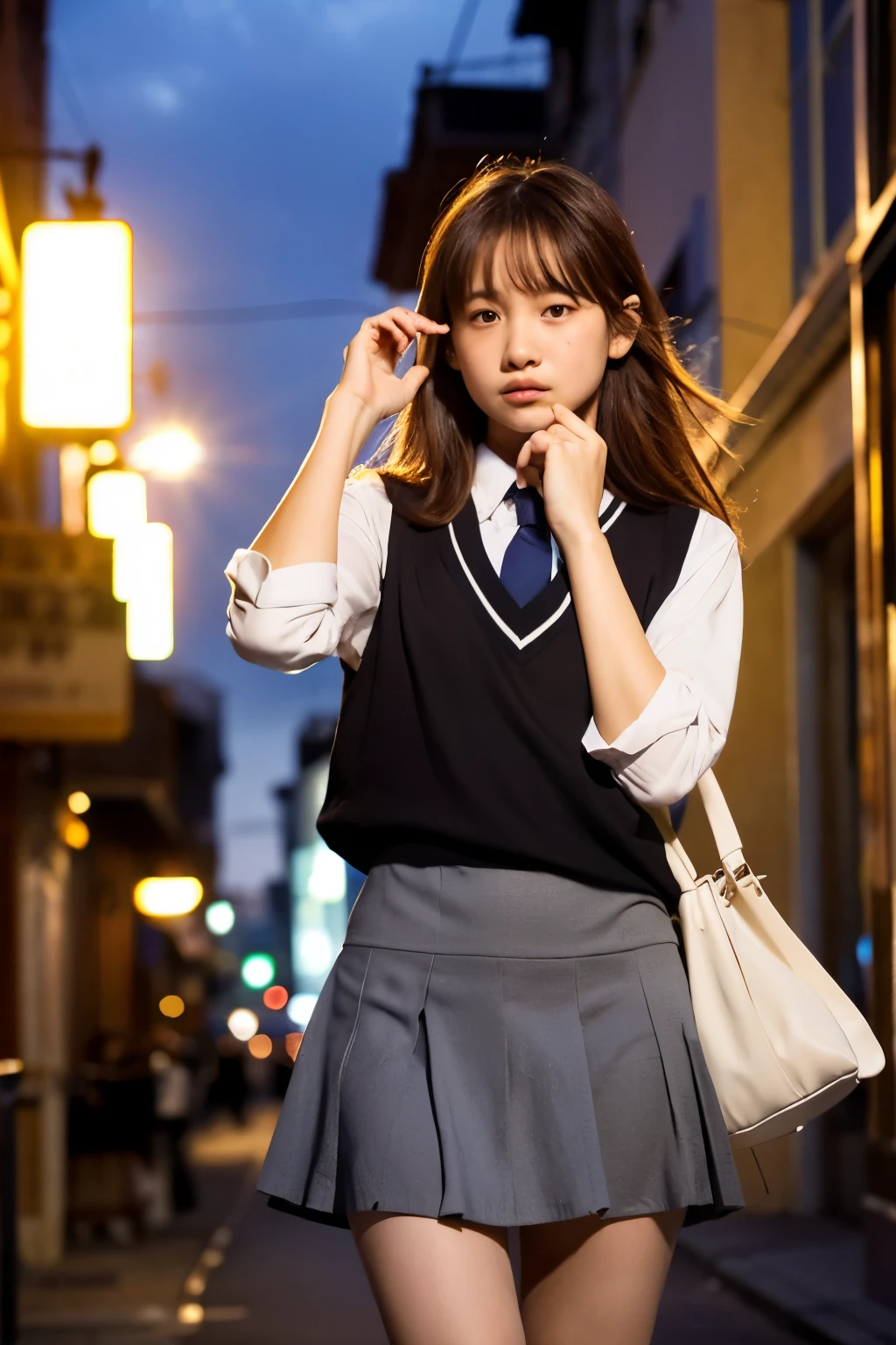 (masterpiece, Very detailed, Very detailed, Exquisite, 16k, Confused), woman, 15 years old, glamorous, (Suppin breeze:1.4), Looking at the audience, Medium Hair, Shiny Hair, Diagonal bangs, Brown Hair, Brown eyes, whole body, Cinema Lighting, Blurry background in focus, inside a stylish cafe, Urban Cafe ,これから怒られるからAre crying,Are crying,Sad face,uniform,skirt,Being scolded by parents,Punishment,Binta,Painful,Cried