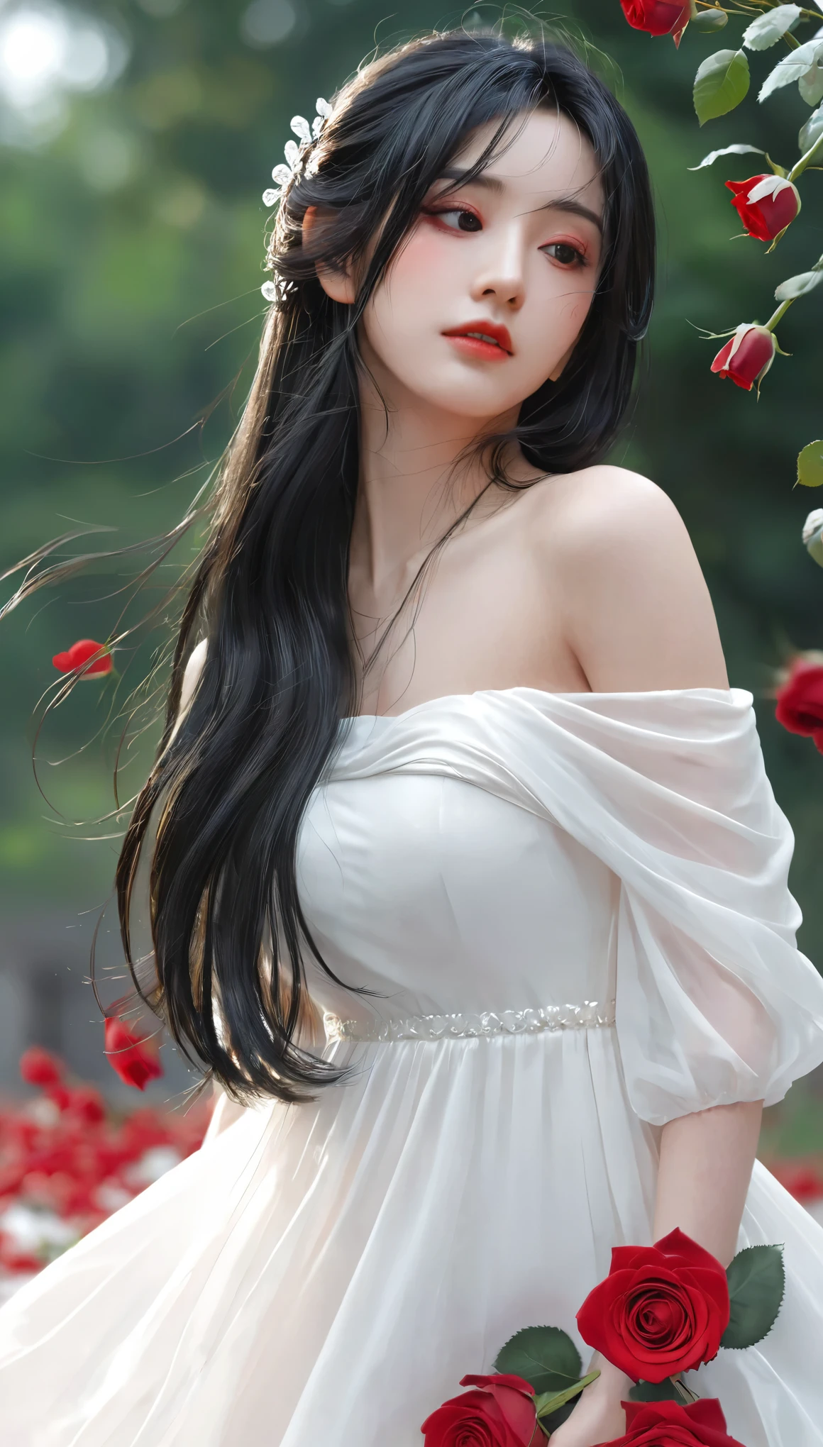 Anime girl with long black hair and white dress with red roses, guweiz, guweiz on pixiv artstation, Detailed digital anime art, Beautiful anime girl, guweiz on artstation pixiv, Anime style 4k, guys, Beautiful anime portrait, Detailed portrait of anime girl, Beautiful anime woman, Detailed anime art