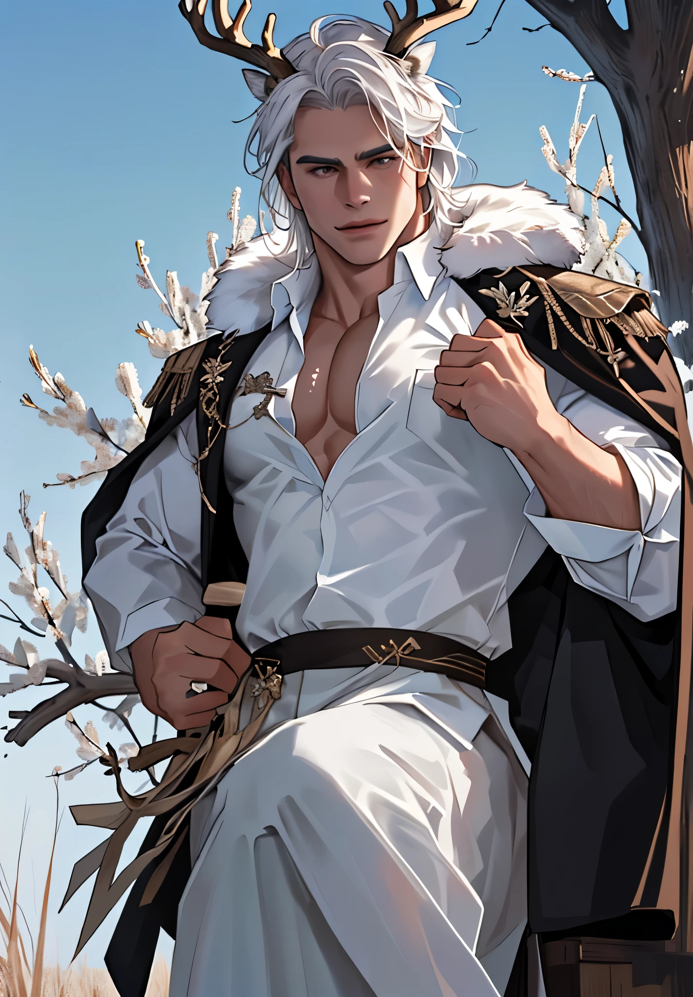 Close up, there is a man with deer horns riding the deer, a man and a deer, commission for high res, anthropomorphic, muscular chest, highly detailed full body, strong and imposing, detailed full body, muscular character, extra detailed body, macho pose, body detailed, (looking at the viewer), wet body, sweaty, long white hair, veins, white fur, white shirt, confident face, White gray eyes, meadow, grassland , flowers, a man beside the deer, riding deer.
