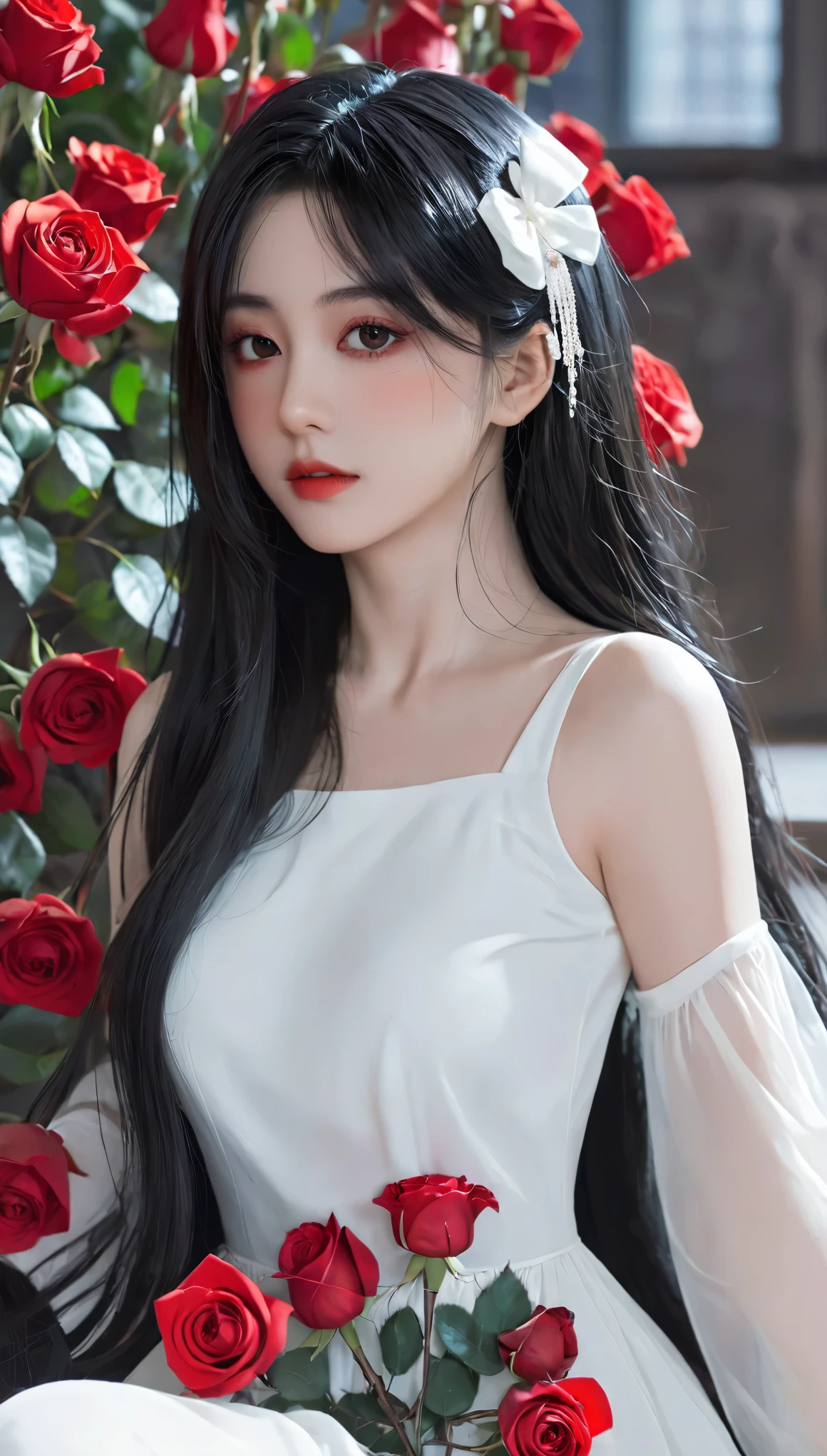 Anime girl with long black hair and white dress with red roses, guweiz, guweiz on pixiv artstation, Detailed digital anime art, Beautiful anime girl, guweiz on artstation pixiv, Anime style 4k, guys, Beautiful anime portrait, Detailed portrait of anime girl, Beautiful anime woman, Detailed anime art