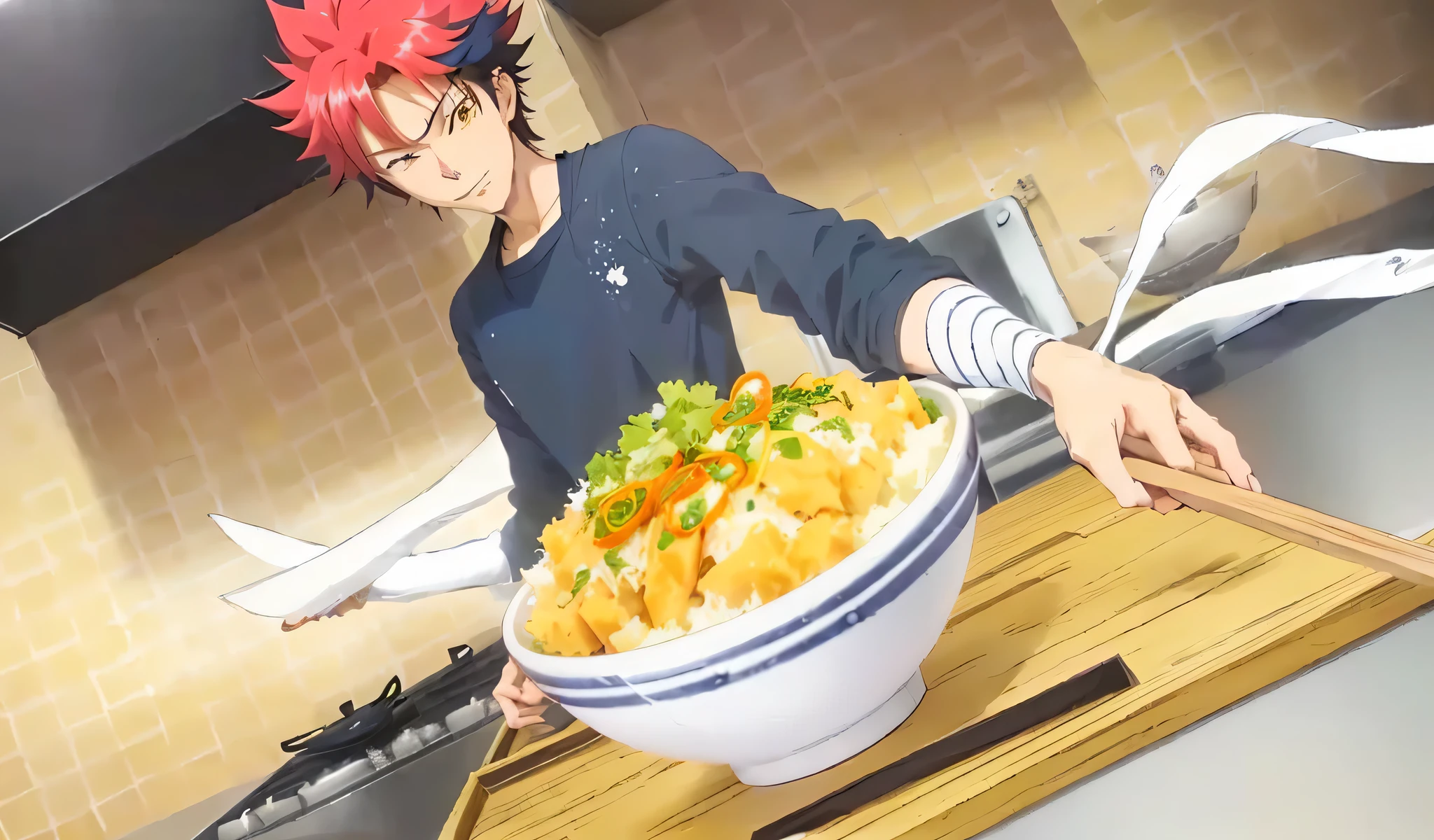 anime image of a man holding a bowl of food in a kitchen, anime food, ichigo kurosaki, tanjiro kamado, shinkai makoto, sankakucomplex anime image, ginko showing a new mushi, inspired by Junsaku Koizumi, hajime katoki, inspired by Sugimura Jihei