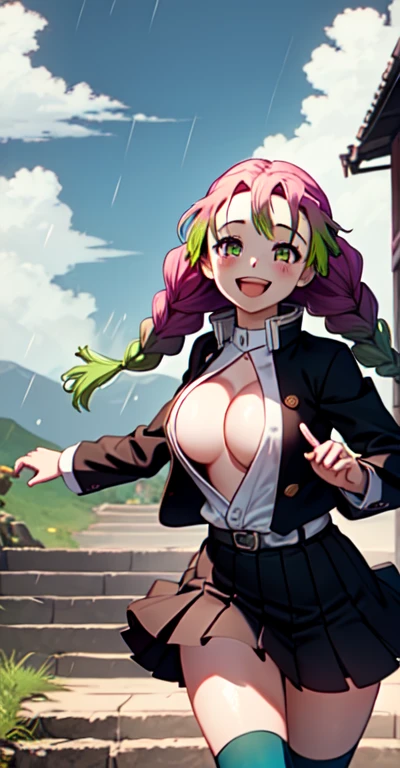 1girl, Mitsuri Kanroji, kimetsu no yaiba style, braid, anime coloring, japanese cloths, black skirt, green thighhighs, cleavage, (bouncing breasts:1.02), motion line, Motion Blur, open cloths, miniskirt, smile, running down the stairs, rain, outdoors, daytime, simple background, blue sky, temple, looking at the audience, stairs, mountains, moody lights,
