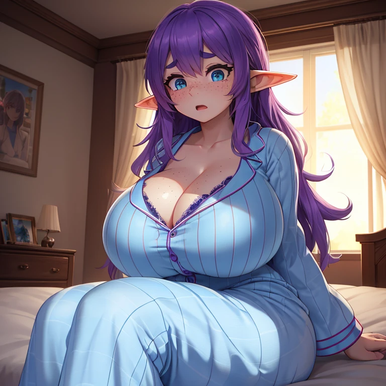 Cute woman, purple hair, (very messy hair:1.2), elf ears, freckles, thick eyebrows, long lashes, short, (huge breasts:1.2), small waist, wide hips, (wearing very large blue and white striped pyjamas:1.2), big pretty eyes, very shocked expression, scared, in male bedroom, sitting on bed, bedhead, (masterpiece, high resolution, ultra realistic, beautiful lighting, 4K, 8k, highly detailed)