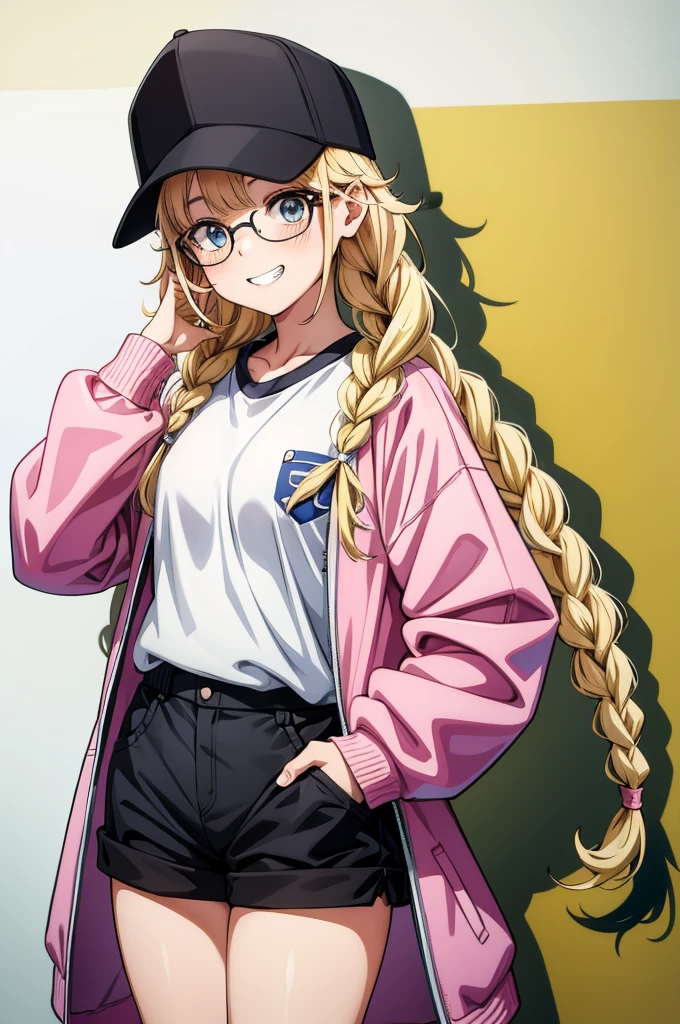 an anime looking girl with pink jacket and white shorts a black cap and glasses, 1girl, solo, hat, shorts, blue eyes, baseball cap, blonde hair, smile, braid, twin braids, shirt, black headwear, looking at viewer, hand in pocket, black shorts, notice lines, white shirt, jacket, grin, blush, bangs, long hair, white background