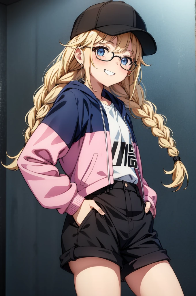 an anime looking girl with pink jacket and white shorts a black cap and glasses, 1girl, solo, hat, shorts, blue eyes, baseball cap, blonde hair, smile, braid, twin braids, shirt, black headwear, looking at viewer, hand in pocket, black shorts, notice lines, white shirt, jacket, grin, blush, bangs, long hair, white background