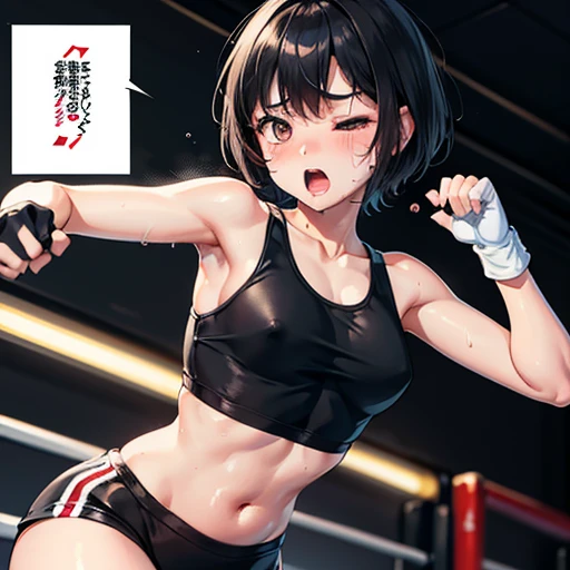 Cute Japanese high school girl with short cut, dark hair, drenched in sweat. Mixed martial arts gym. One eye tightly closed, screaming, enduring a body blow. Out of breath, tank top, leggings, open finger gloves. Small breasts, poor belly, slender body, poor body.