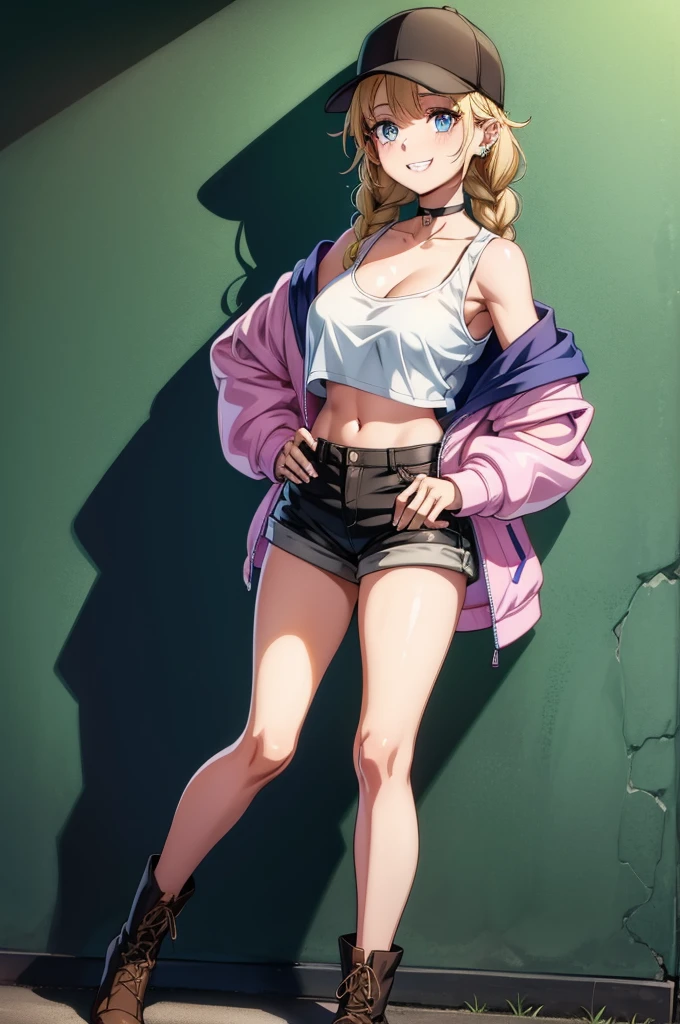 a cartoon girl with big and a baseball cap leaning against a wall, 1girl, solo, breasts, shorts, off shoulder, cleavage, jacket, hat, braid, blue eyes, navel, choker, twin braids, baseball cap, jewelry, smile, long hair, open jacket, boots, crop top, midriff, earrings, looking at viewer, bare shoulders, open clothes, grin, short shorts, brown footwear, collarbone, black choker, white jacket, sleeveless