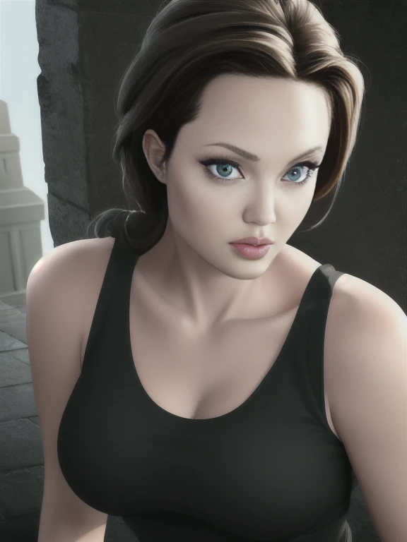 (masterpiece:1.2), (best quality,:1.2), 8k, HDR, ultra detailed, ((photorealistic)), professional light, cinematic lighting, sexy photography, ambient lighting, atmospheric effects, angl, Angelina Jolie as a Lara Croft, upper body shot, wearing tank top, magical temple, epiCPhoto