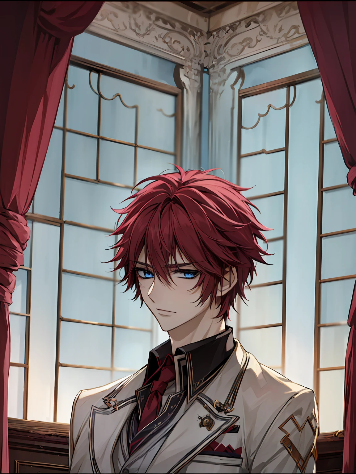 (absurdres, highres, ultra detailed, HDR), masterpiece, best quality, Senri Shiki, 1man, solo, handsome, red hair, vibrant blue eyes, finely eye and detailed face, window, red curtains, white uniform