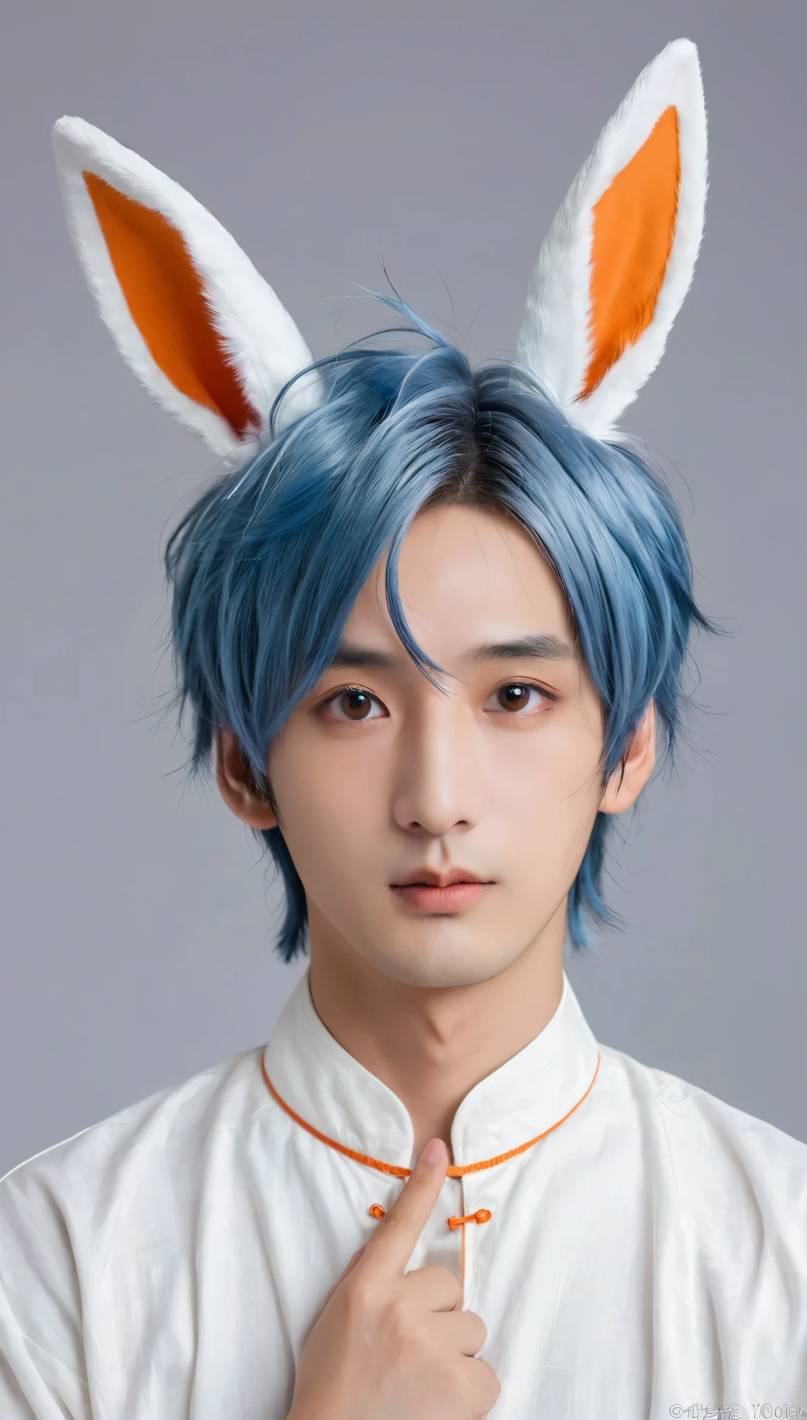 masterpiece, best quality, 1 boy, Male focus, Animal ears, Solitary, Blue Hair, Colorful hair, Rabbit ears, Two-tone hair, mole, white hair, Chinese clothes, Upper Body, Simple background, Brown eyes, Orange eyes, mole under mouth, Chin on hand, Looking at the audience