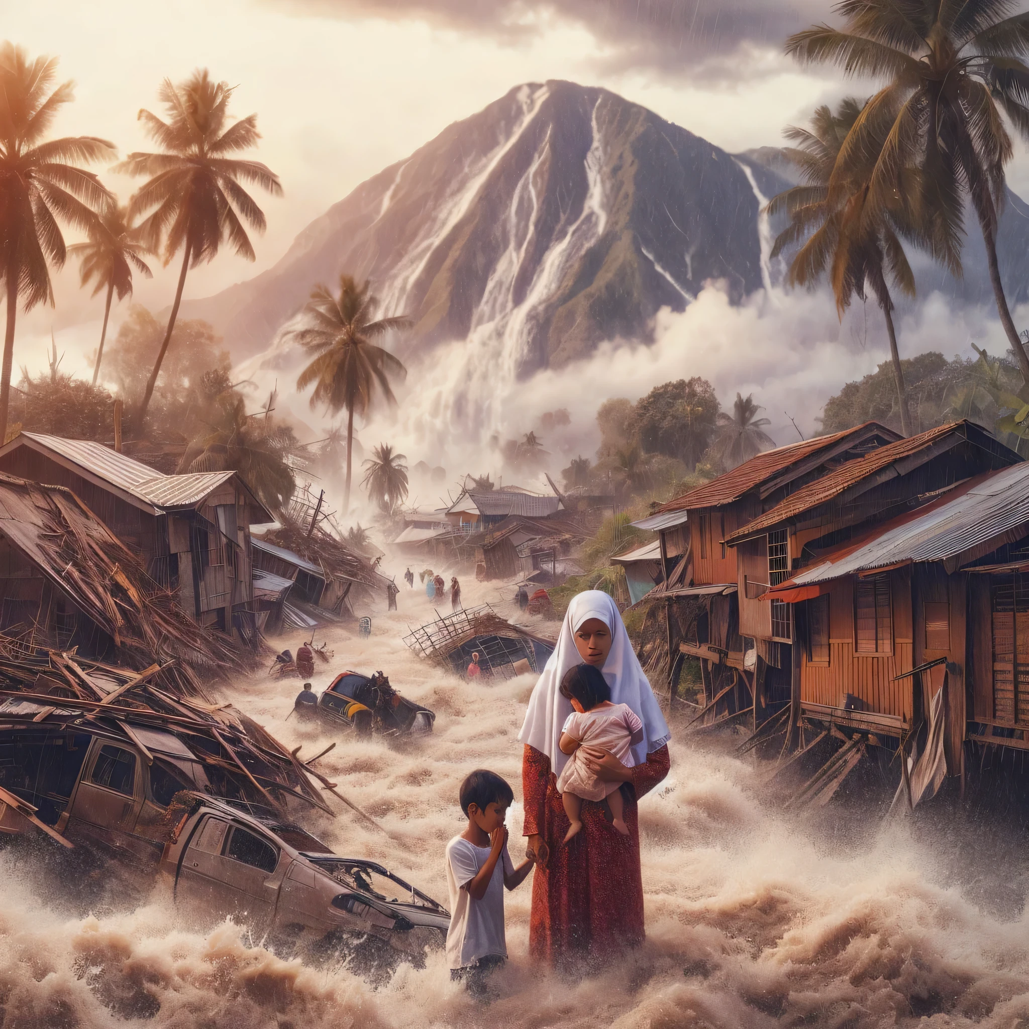 create a natural disaster event in West Sumatra, floods, people's houses destroyed, cars & boats washed away, coconut trees & banana trees uprooted, electricity poles down, landslides, foggy mountain & rice field background, broken highway, close up photo of a mother & her sitting holding his while praying, 8K, realistic HD