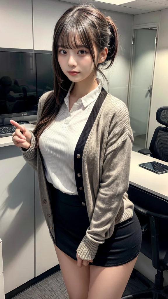 muste piece, best quality, illustration, Super detailed, fine details, High resolution, 8K,wall paper, perfect dynamic composition,(Details High quality, realistic depiction of eyes:1.3), facial features, in a office, Detailed Office, open cardigan, a miniskirt, ?????_virgin, ponytail, Long hair, black hair color, Big Natural Color Lip, perfect body shape, sexy pose, crying a little、cold gaze, Harajuku style、20 year old girl、cute type、lolita, hposing Gravure Idol, full body photo、focus on crotch, huge breasts