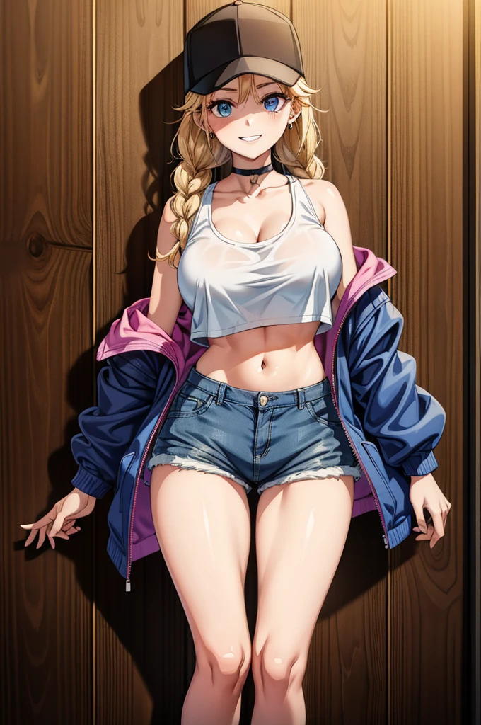 a cartoon figure with a baseball cap wearing jeans and shorts standing inside some wood wall, 1girl, solo, shorts, hat, breasts, smile, off shoulder, choker, twin braids, navel, crop top, long hair, blonde hair, blue eyes, jacket, jewelry, baseball cap, earrings, braid, looking at viewer, grin, midriff, bare shoulders, open clothes, cleavage, open jacket, stomach, short shorts, long sleeves, large breasts, white shorts, collarbone, white jacket, sleeveless, sleeveless shirt, boots, shirt, standing, pantyhose