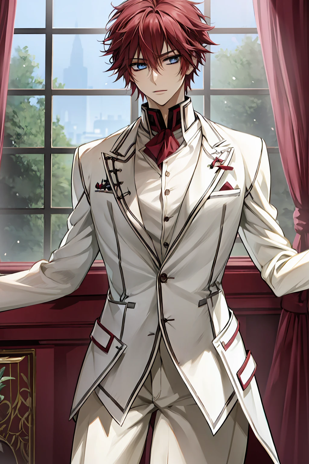 (absurdres, highres, ultra detailed, HDR), masterpiece, best quality, Senri Shiki, 1man, solo, handsome, red hair, vibrant blue eyes, finely eye and detailed face, window, red curtains, white uniform