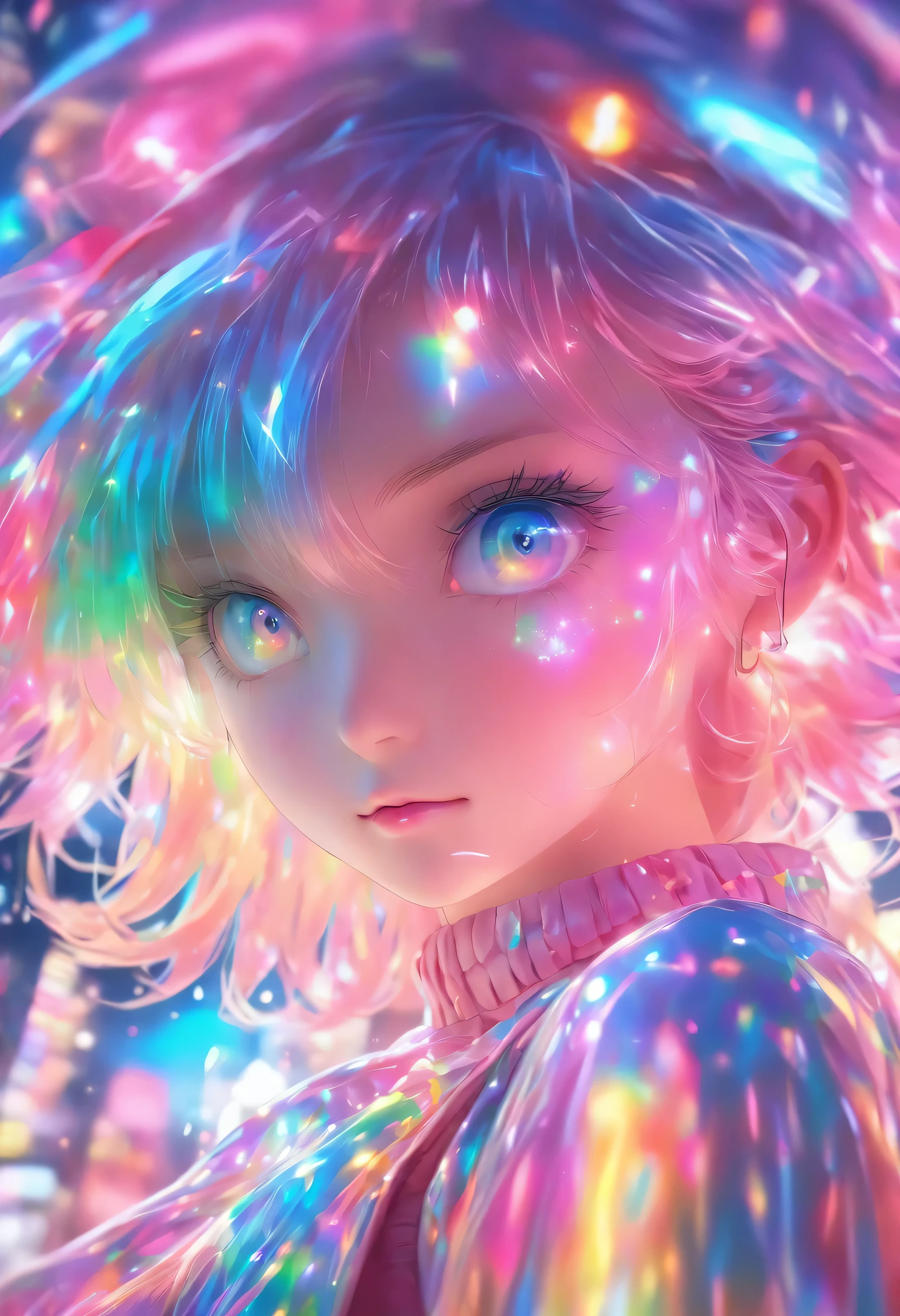 ropa de pvc de color transparente, ropa de vinilo de color transparente, prismatic, holographic, chromatic aberration, fashion illustration, Obra maestra, chica con moda harajuku, mirando al espectador, 8k, ultra detallado, pixiv