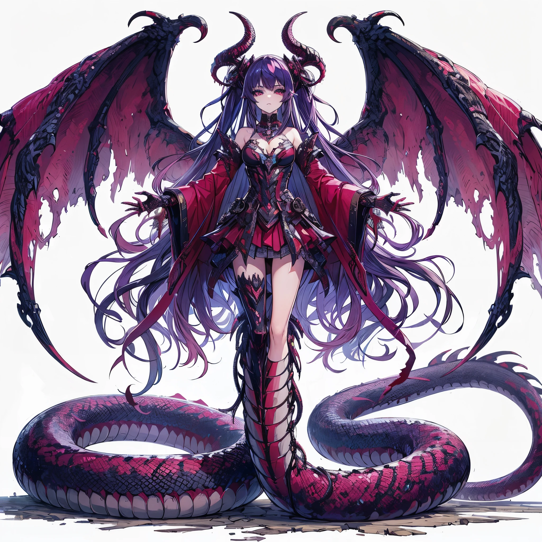 
(masterpiece, Best Quality), (detailed hairs), Ultra-detailed, Anime style, Full body, Solo, Cyberpunk Demon Girl, with a pair of horns on her head and dragon wings on her back. HUMAN TORSO attached to SERPENT TAIL. She wears Red and purple medieval European style costume, The tail of the serpent and the lower half of the body are one and the same, she stands in a wasteland, 8k high resolution, white background, whole body,
