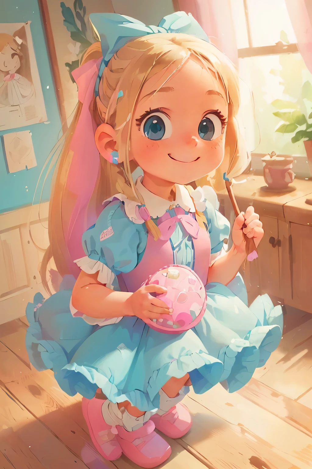 ((masterpiece, best quality), 1girl, solo, blonde hair, long hair, teal blue ribbon, ponytail, , blue eyes, ((pink dress)), puffy sleeves, white tube socks, no shoes, upper body, looking at viewer, light blush, smile, perky,
