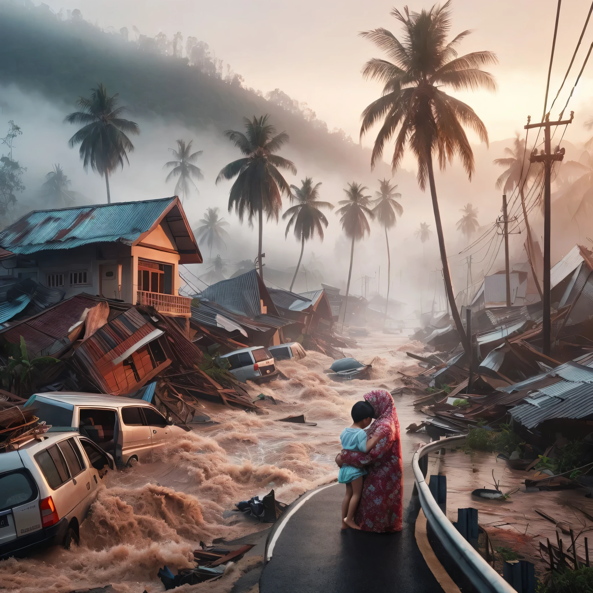 create a natural disaster event in West Sumatra, floods, people's houses destroyed, cars & boats washed away, coconut trees & banana trees uprooted, electricity poles down, landslides, foggy mountain & rice field background, broken highway, close up photo of a mother & her sitting holding his while praying, 8K, realistic HD