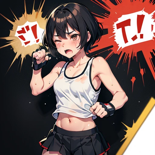 Cute Japanese high school girl with short-cut black hair, suffering from abdominal pain, looking pained, eyes wide open, mouth wide open, out of breath, drooling, very sweaty, out of stamina, slender body, poor breasts, small breasted sports bra, high leg shorts, open finger gloves