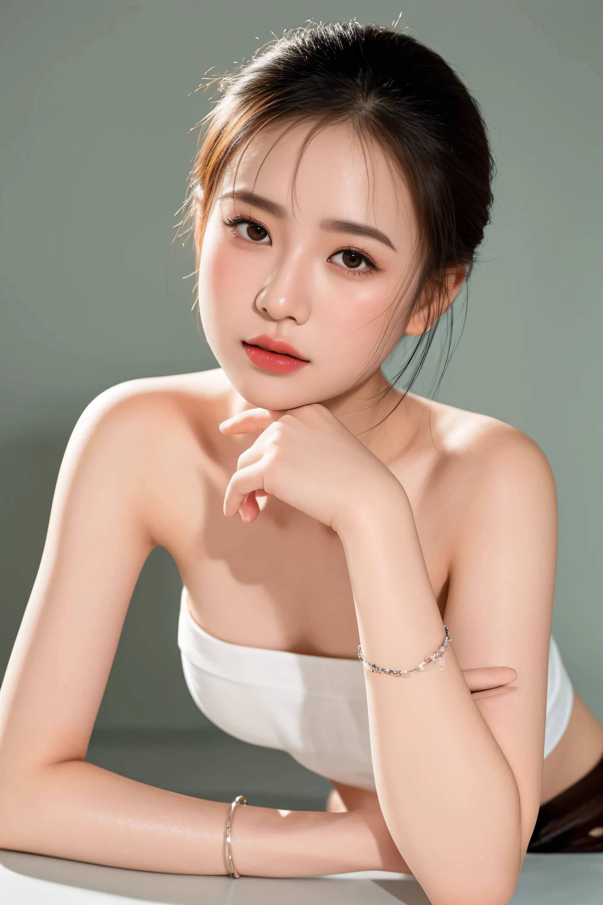 araffe asian woman in a white top posing for a picture, gorgeous chinese model, gorgeous young korean woman, young beautiful woman, beautiful young korean woman, close - up studio photo, a young asian woman, young cute wan asian face, shot on canon eos r5, shot on canon eos r 5, photo of slim girl model, a cute young woman