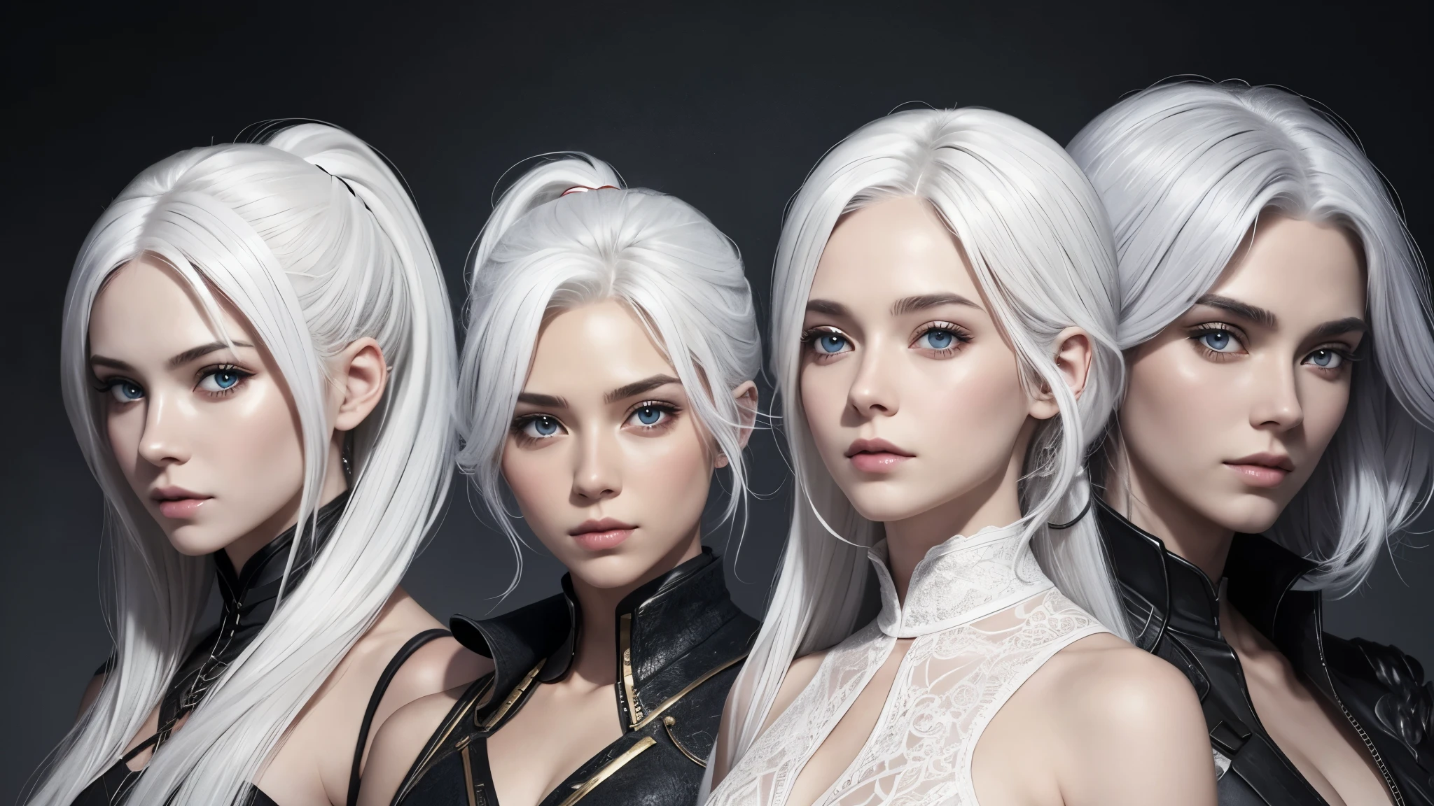 (3girls), ((())), 18 year old woman, , waist-length portrait, (renaissance buildings), ((high detailed skin:1.3)), ((high detailed facial features)), (realistic:1.3), (best quality), (masterpiece), (intricate details), intricate, 8k uhd, hdr, dslr, photographed on a Canon EOS R5, F/2.8, HDR, ray-tracing, bloom, ambient_oscillation, Depth of field, (dramatic light), (beautiful detailed light), (((necklace, white shirt, black leather trousers))), cleavage, microwaist, looking at viewer,