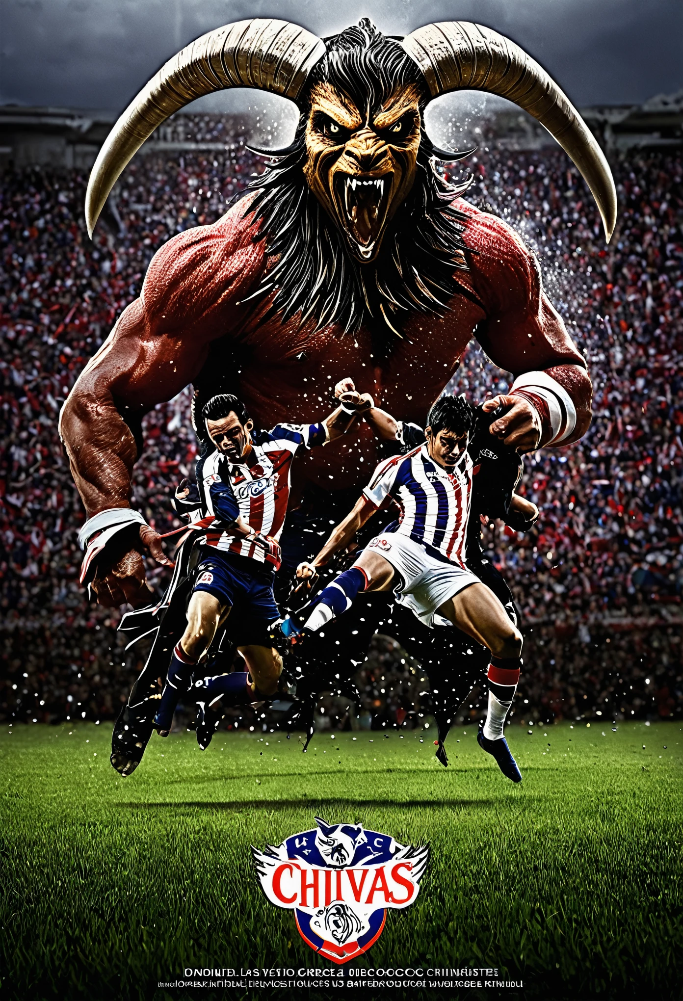 Generate the poster of a movie that is a battle between Chivas and Diablos, donde ganen cruelmente las Chivas, todo esto en un campo, hazlo en estilo barroco 