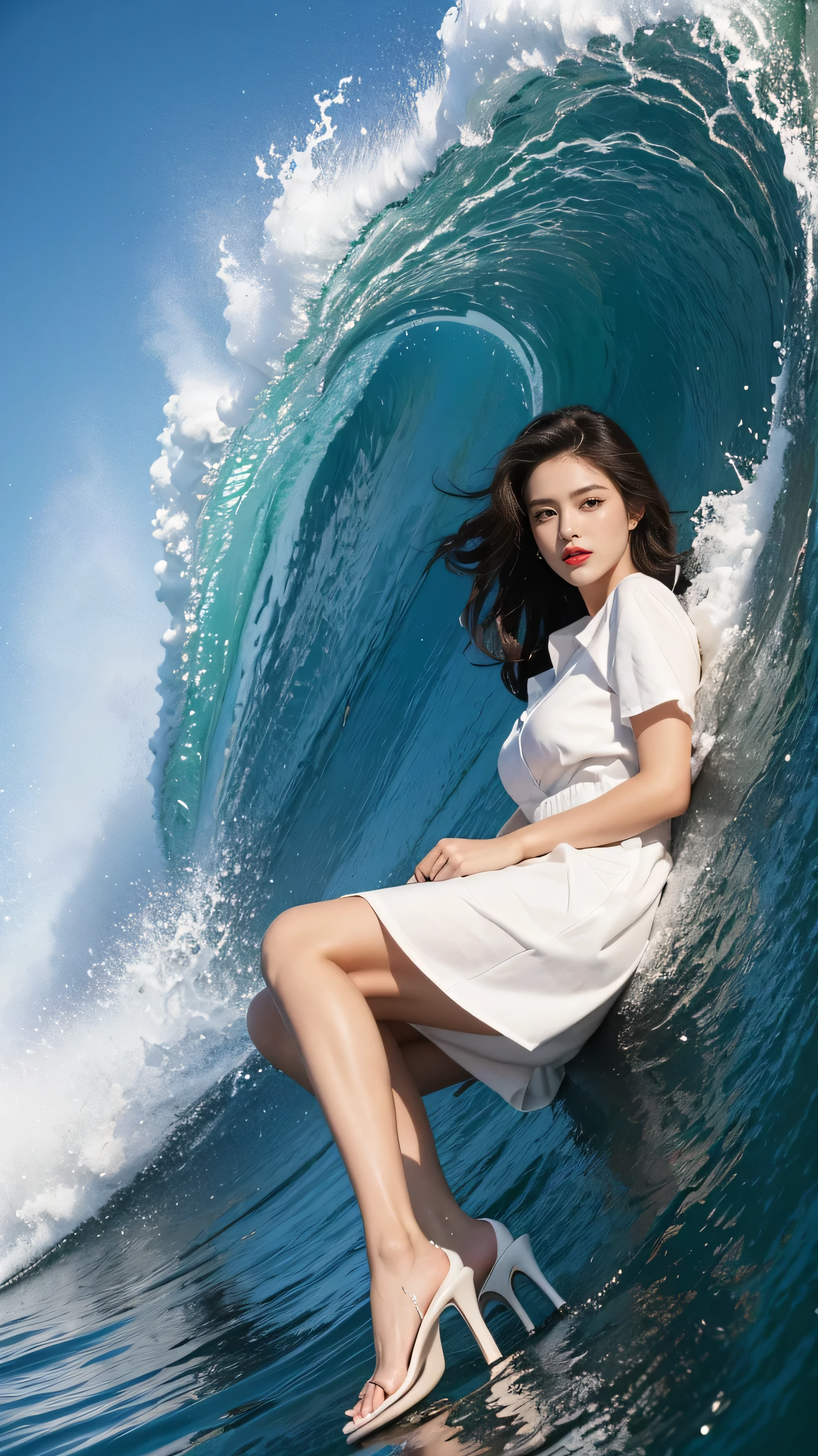highest quality,masterpiece,Ultra-high resolution,(Actual:1.4),Original photo,Ultra-high resolution,8k,There are women,Fair skin,Exquisite makeup,Big waves of red lips,White shirt dress,High heels,Long legs,Bright and beautiful