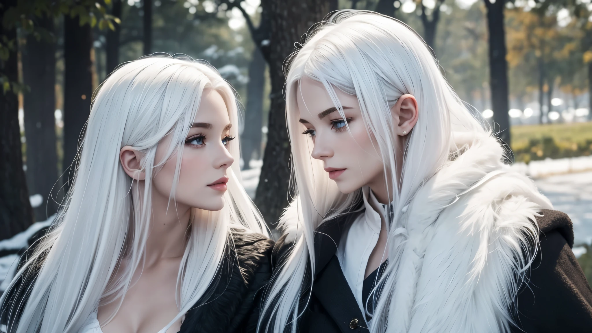 White skin,White hair,Women's Deep V Black Lace Dress,Luxurious clothes,Charming and elegant,Belly cut-out design,hand behind back,Bend your hips,Huge breasts,Leaking from the groin,Do not draw the hands,Only two characters are shown in the picture