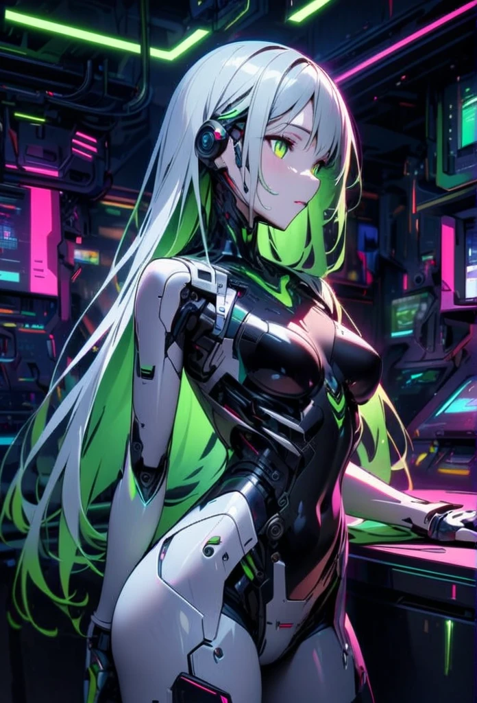 High quality, high definition images, full HD、
8k.1 girl( white long hair),ai cyborg girl 、(black on white cyborg body) , many mechanisms are visible,Many green lights on the exterior
In a modern A bar with a cyber atmosphere、The chest and buttocks are visible through the suit