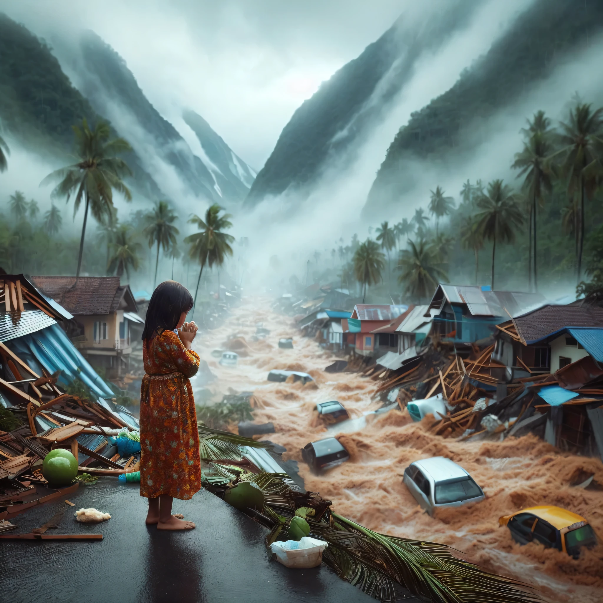create a natural disaster event in West Sumatra, floods, people's houses destroyed, cars & boats washed away, coconut trees & banana trees uprooted, electricity poles down, landslides, foggy mountain & rice field background, broken highway, close up photo of a mother & her sitting holding his while praying, 8K, realistic HD
