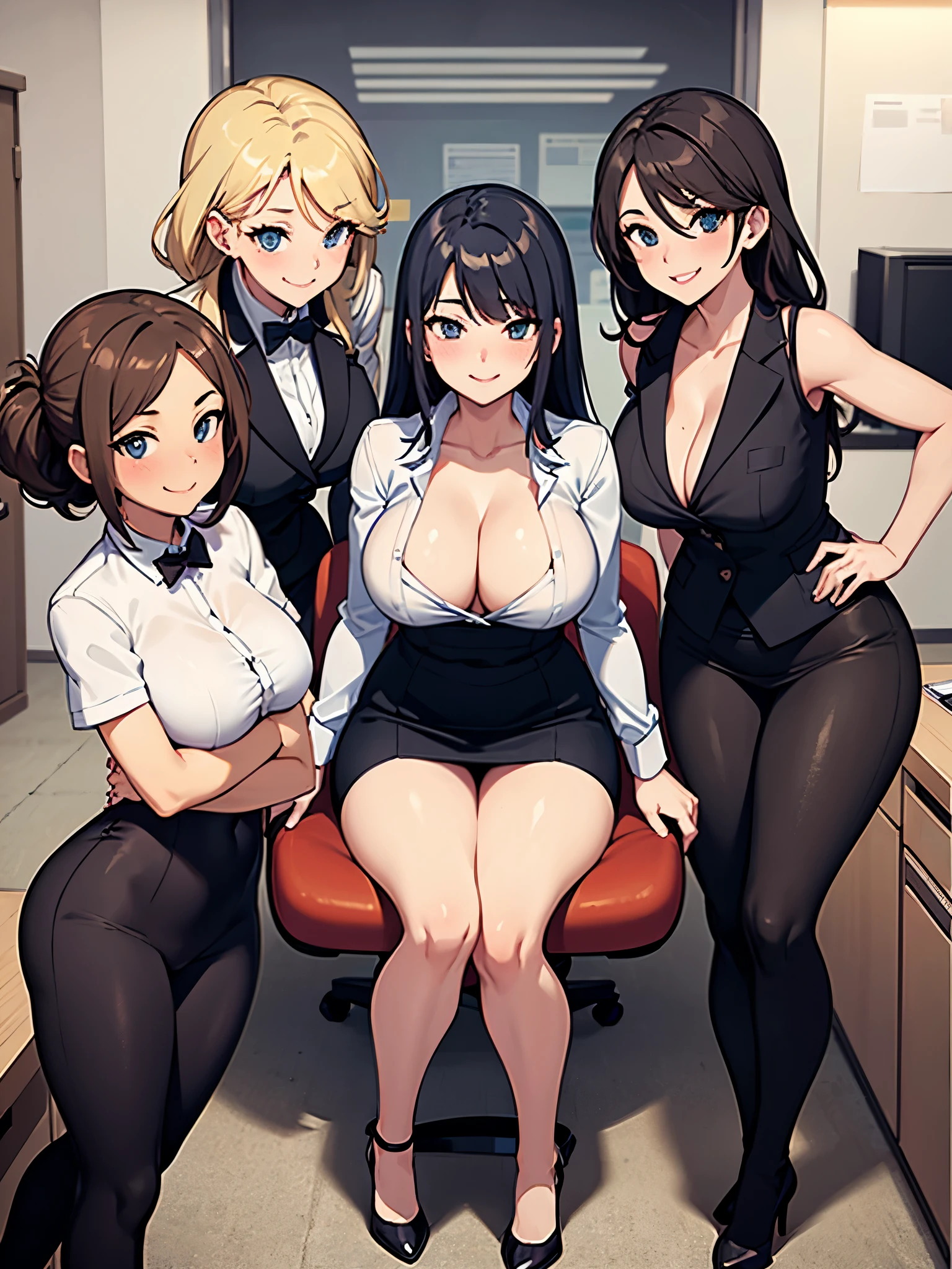 four sexy women looking at camera, flirtatious smiles, office ladies outfits, portrait