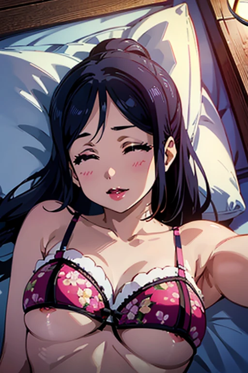 （highest quality、Highest quality、POV、4K,,Shooting from the side、One 18-year-old woman、Close-up on chest、honeymoon、((((Kissing Face、Lying on the bed, sleeping together)Crimson lipstick 1.4)))、Very popular gravure model、Beautiful woman with super large breasts、Wearing makeup、,Dreamy time）Very flashy(In underwear、Floral bra、ｔback）、
