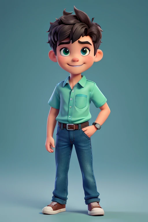 nsfw, 8K raw photo, best quality, masterpiece, ultra high resolution, film grain, filmg, 1 boy, looking at viewer, cartoon style visuals, cartoon details, dark blue pants, men's hair, messy hair, smile, braces, medium height, small muscles, green short-sleeved collared shirt, white background, silver watch on the right arm, doing a cool pose with closed hand and thumbs up