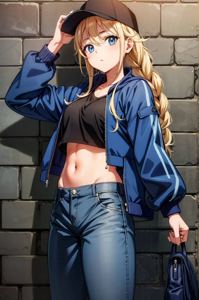 girl in blue and black jacket leaning against brick wall holding cap under arm, 1girl, solo, navel, long hair, denim, pants, hat, blue eyes, blonde hair, braid, baseball cap, crop top, long sleeves, hand on headwear, stomach, jacket, looking at viewer, breasts, jeans, black headwear, midriff, zipper pull tab, blue jacket, cowboy shot, zipper, twin braids, holding bag, cropped jacket,Eiko Tsukimi, blue eyes, braid, twin braid,blonde hair,baseball cap