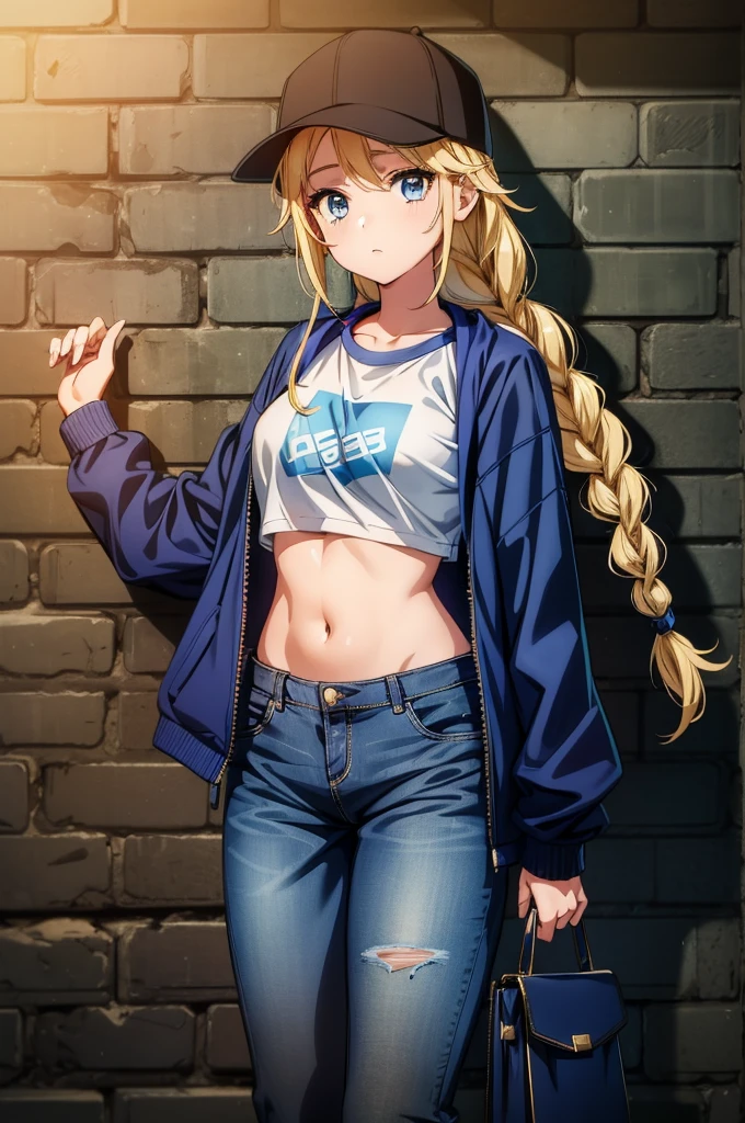 girl in blue and black jacket leaning against brick wall holding cap under arm, 1girl, solo, navel, long hair, denim, pants, hat, blue eyes, blonde hair, braid, baseball cap, crop top, long sleeves, hand on headwear, stomach, jacket, looking at viewer, breasts, jeans, black headwear, midriff, zipper pull tab, blue jacket, cowboy shot, zipper, twin braids, holding bag, cropped jacket,Eiko Tsukimi, blue eyes, braid, twin braid,blonde hair,baseball cap