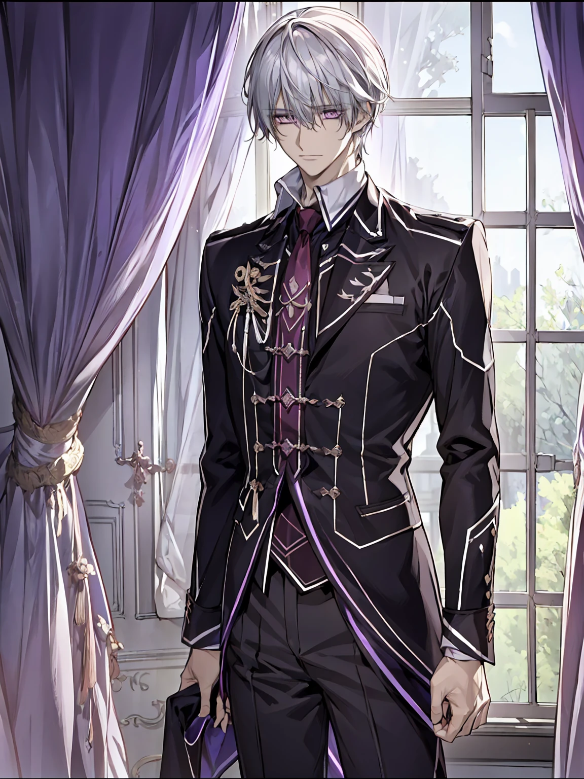 (absurdres, highres, ultra detailed, HDR), masterpiece, best quality, Zero Kiryuu, 1man, solo, handsome, white hair, vibrant purple eyes, finely eye and detailed face, window, purple curtains, black uniform