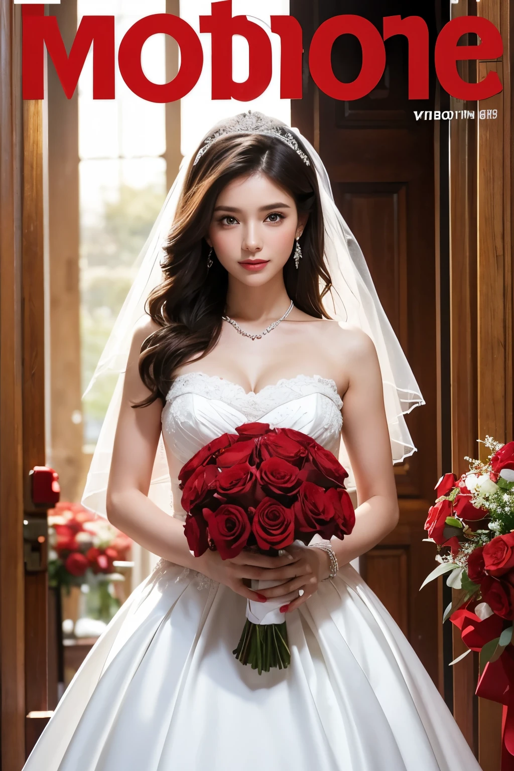 Beautiful woman holding a bouquet of red roses, wearing a wedding dress, magazine pose,