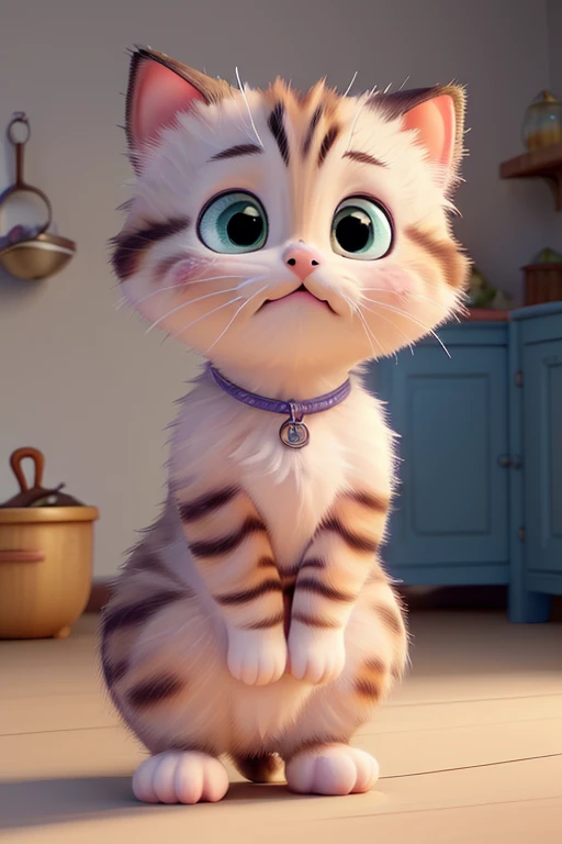 (best quality,4k,8k,highres,masterpiece:1.2),ultra-detailed,(realistic,photorealistic,photo-realistic:1.37),blue-eyed,baby-kittens,adorable kitten with cute, round face,fluffy fur,hat-wearing, chubbiness,cooking in a miniature kitchen,Saturday morning cartoon style animation,with vibrant colors and playful atmosphere,showcasing the joyful and innocent nature of the kitten,precise brushstrokes,capturing every small detail,including the delicate folds of the hat and the soft, fluffy texture of the kitten's fur,impressive attention to lighting and shading,creating a sense of depth and dimension,accentuated by the subtle shadows and highlights throughout the composition,nodding to the whimsical and enchanting world of Disney Pixar movies,showcasing the kitten's adorable facial expression,focused and determined,as it carefully stirs a miniature pot with a tiny wooden spoon,background filled with colorful kitchen utensils,ingredients,and a cozy stove,providing a charming and heartwarming setting for the cooking adventure of the small white fluffy chubby baby cat.