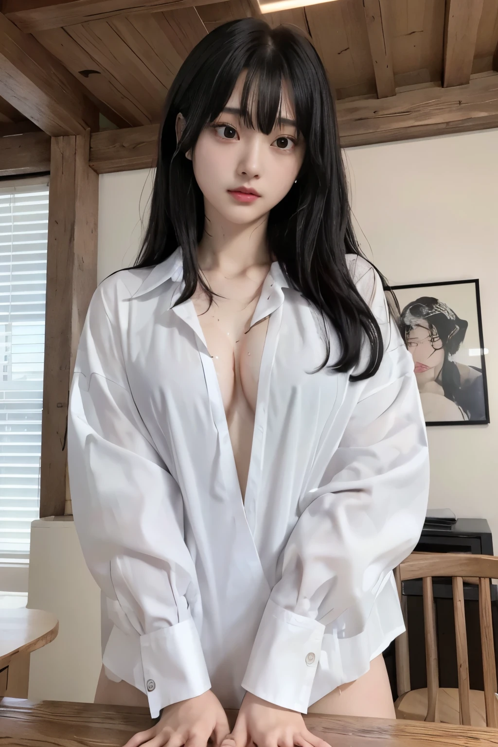 Masterpiece、highest quality、Woman 1、Super detailed、A woman looking up from directly below　Black Hair、Long Hair、Blunt bangs wet hair　Wet shirt、over size white shirt、Long shirt　shirt lift、Shirt lift、Swimsuit under shirt　Soft thighs　ceiling