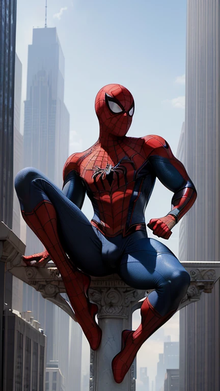(masterpiece, a high resolution, detailed:1.3), Amidst That towering skyscrapers of New York City, young ((Spider-Man)) perches, ((shirtless)), revealing a toned physique, honed by countless acrobatic swings between buildings. Even without That full suit, That, in the style of Alfonso Mucha