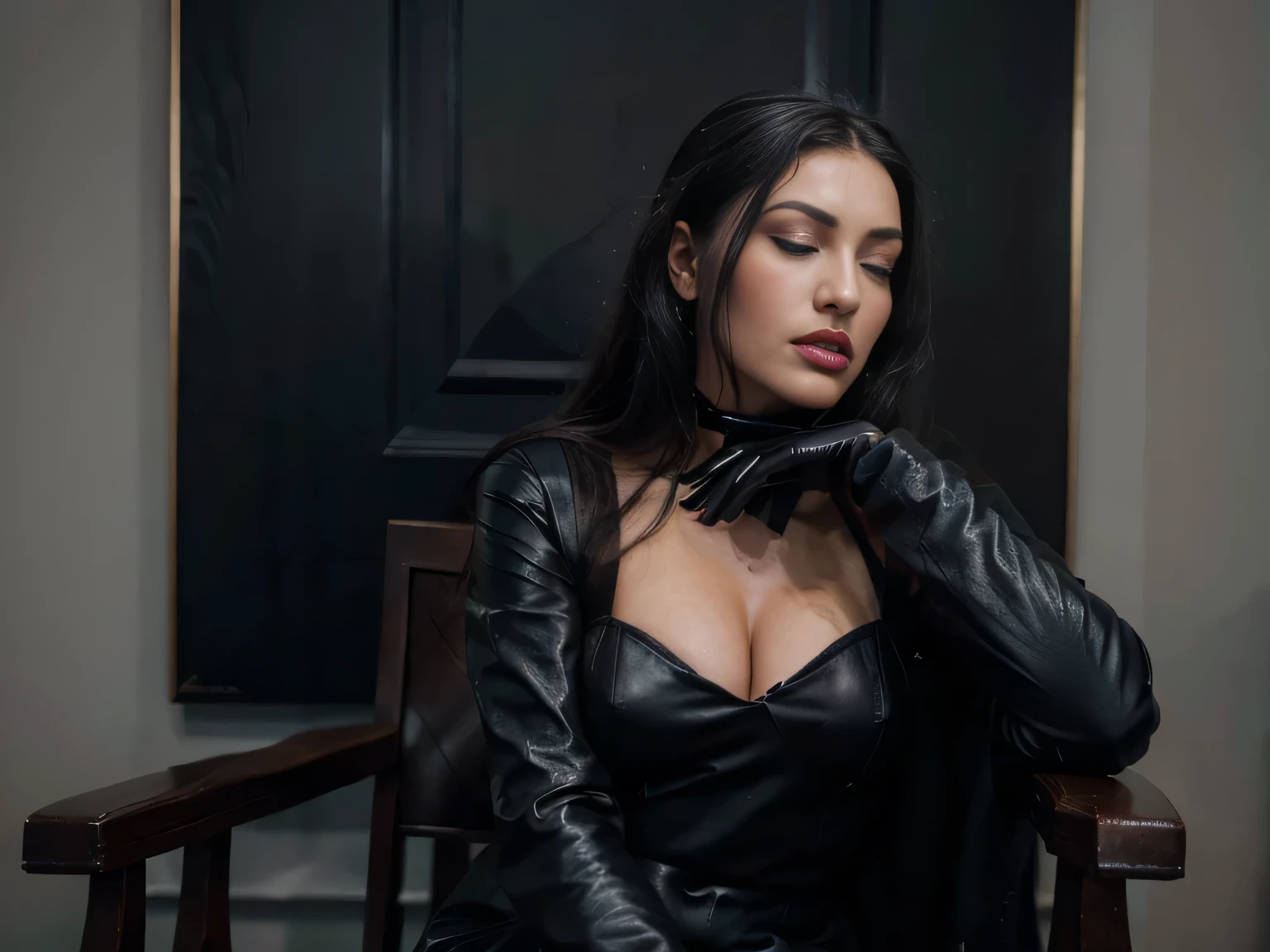arafed woman in a black dress sitting in a chair, fully clothed. painting of sexy, elegant dark blue dress, portrait of megan fox as a queen, stunning elegant pose, salma hayek portrait, elegant oil painting, monica bellucci, salma hayek as a sorceress, masterpiece! portrait of arwen, painting of beautiful, dark beauty ponytail, black hair, eyes closed, mouth open, completly dressed in a luxury office suit, black skirt, red lipstick, ((detailed black leather gloves)), together with her lover secret finally they can have doggy style anal sex , double penetration,perfect body, perfect penis, lots of sperm from the mouth, 4k, 8k, (HD) ((the photo is from his side))