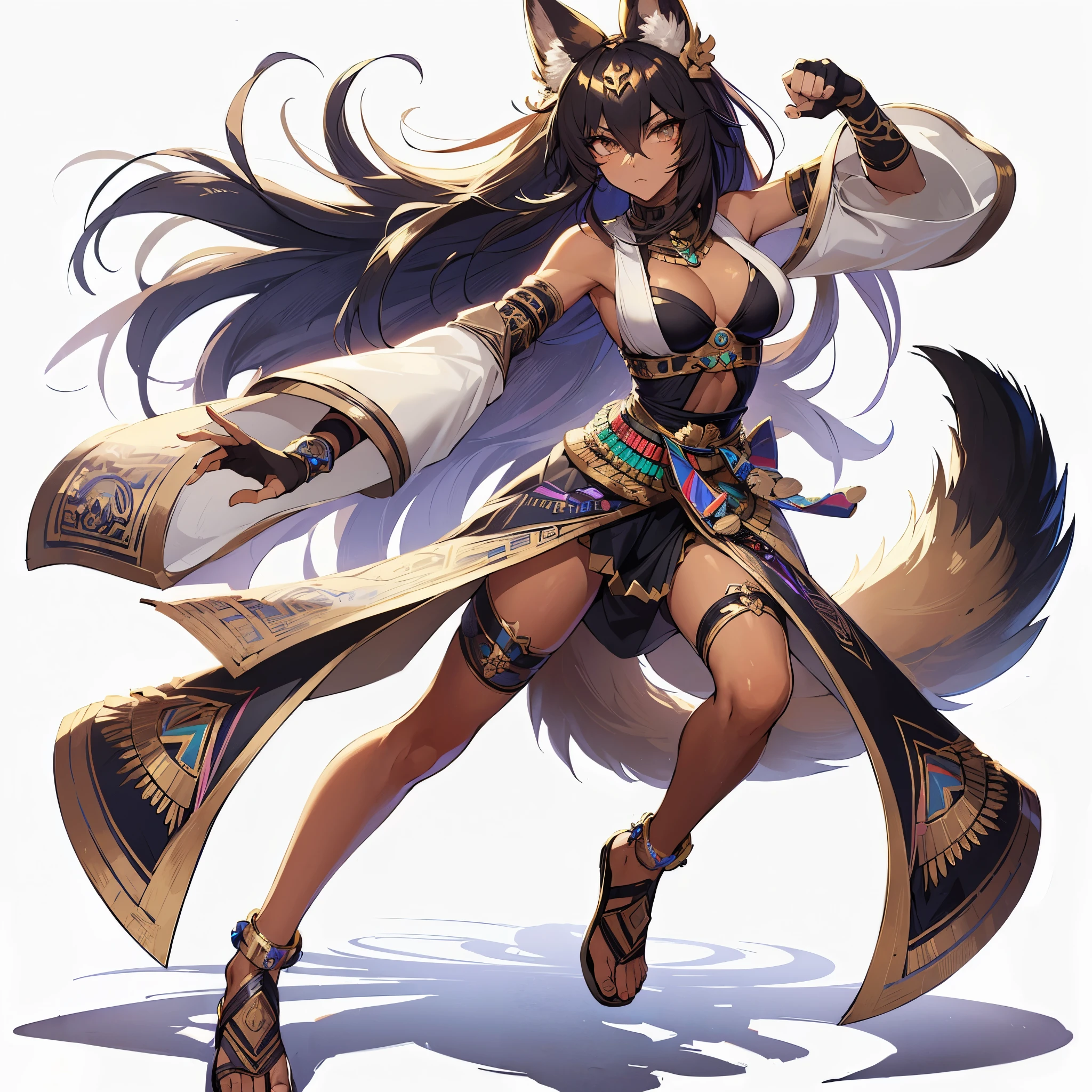 
(masterpiece, Best Quality), (detailed hairs), Ultra-detailed, Anime style, Full body, Solo, Cyberpunk jackal girl, dark hair and blonde eyes, glamorous dark skin, Egyptian-like decorations, Egyptian-style costumes, karate fighting pose. Wearing Egyptian style sandals. standing in wasted school, 8k high resolution, white background, whole body,
