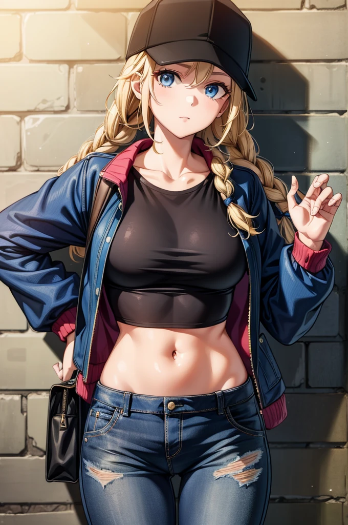 a close up of a beautiful woman posing for a photo against a brick wall, 1girl, solo, hat, blonde hair, pants, navel, crop top, blue eyes, twin braids, denim, breasts, braid, long hair, jacket, looking at viewer, midriff, baseball cap, torn clothes, long sleeves, black headwear, stomach, jeans, torn pants, holding, hand on headwear, blue jacket, bag, open jacket, holding bag, shirt, crop top overhang