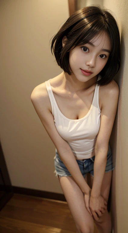 ((Best quality, 8k, Masterpiece: 1.3, raw photo)), Sharp focus: 1.2, (1 AESPA girl: 1.1), (realistic, photo-realistic:1.37), face focus, cute face, small breasts, flat chest, brunette messy short hair, sitting, look back, (white camisole: 1.2), skirt, hotel, bathroom, sunlight, cinematic lighting, from below