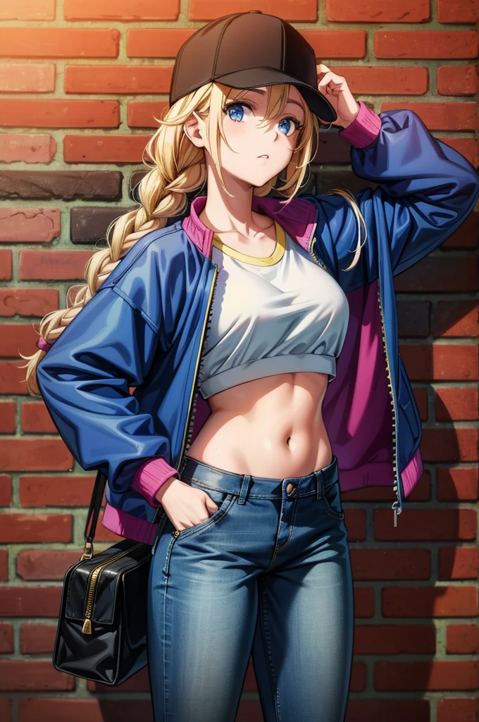 a blonde woman in a blue blue capri pants and a blue jacket, 1girl, solo, navel, twin braids, hat, pants, braid, crop top, denim, long hair, blue eyes, jacket, breasts, blonde hair, long sleeves, looking at viewer, midriff, baseball cap, stomach, blue jacket, cropped jacket, black headwear, holding, hand on headwear, brick wall, jeans, cowboy shot, medium breasts, open jacket, holding bag